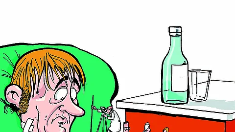 Karikatur eines Patienten mit Ärzten