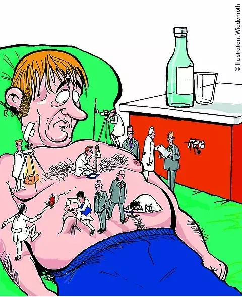Karikatur eines Patienten mit Ärzten
