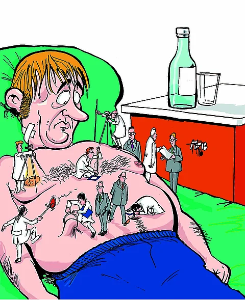 Karikatur eines Patienten mit Ärzten