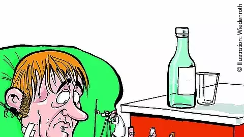 Karikatur eines Patienten mit Ärzten