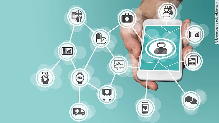 Aus einem Smartphone kommt ein graphisches Netzwerk, das verschiedene Bereiche des Gesundheitswesens zeit: Medikamente, Krankenwagen, Pflege, Dokumente, Arztkoffer und weitere.