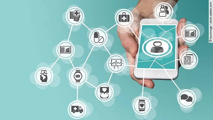 Aus einem Smartphone kommt ein graphisches Netzwerk, das verschiedene Bereiche des Gesundheitswesens zeit: Medikamente, Krankenwagen, Pflege, Dokumente, Arztkoffer und weitere.