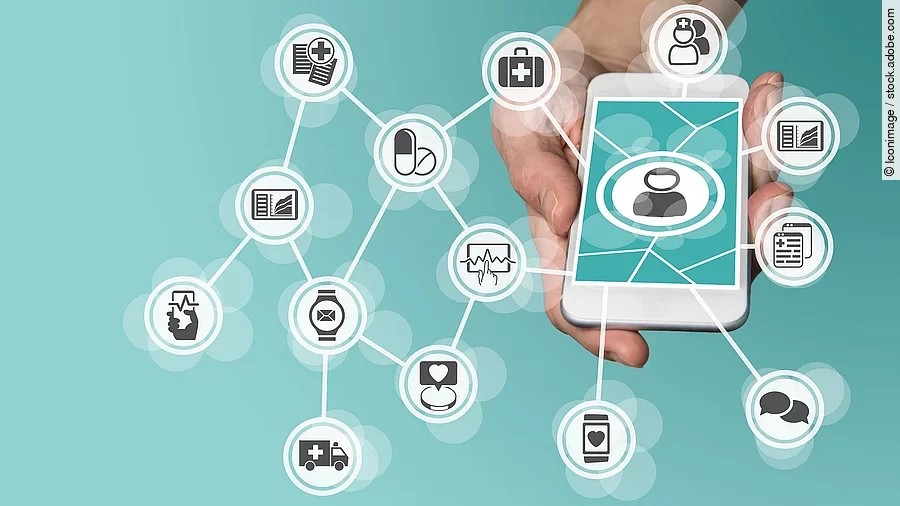 Aus einem Smartphone kommt ein graphisches Netzwerk, das verschiedene Bereiche des Gesundheitswesens zeit: Medikamente, Krankenwagen, Pflege, Dokumente, Arztkoffer und weitere.