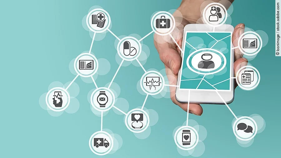 Aus einem Smartphone kommt ein graphisches Netzwerk, das verschiedene Bereiche des Gesundheitswesens zeit: Medikamente, Krankenwagen, Pflege, Dokumente, Arztkoffer und weitere.