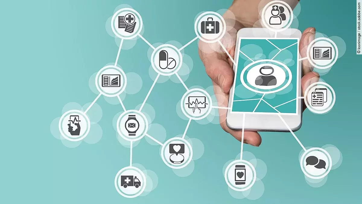 Aus einem Smartphone kommt ein graphisches Netzwerk, das verschiedene Bereiche des Gesundheitswesens zeit: Medikamente, Krankenwagen, Pflege, Dokumente, Arztkoffer und weitere.