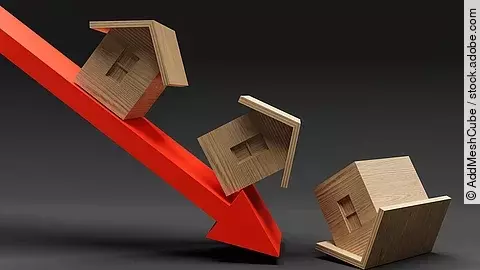 Roter Pfeil nach unten auf dem Häuser herunterrutschen