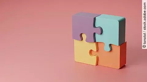 3d-Illustration vier zusammengesetzte verschiedenfarbige Puzzleteile