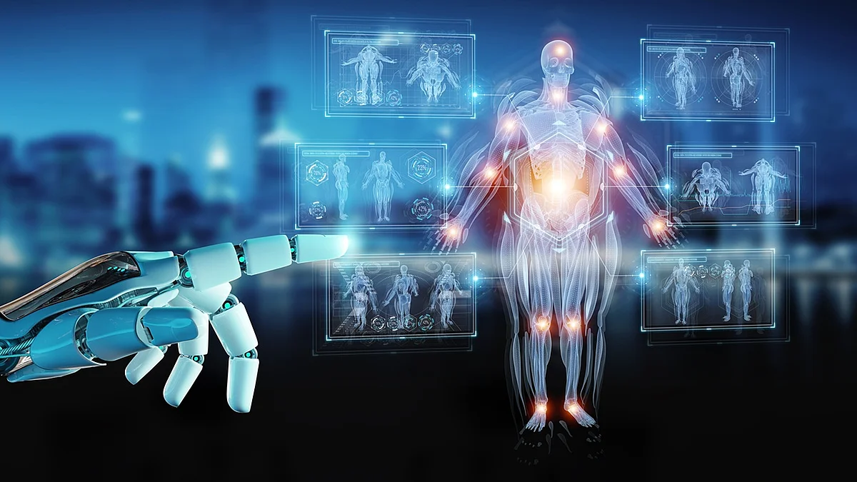 Eine Roboterhand zeigt auf die Projektion einer Grafik in Form eines Skeletts wie aus einem Röntgenbild