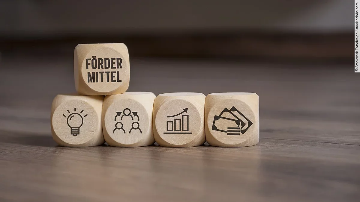 Fördermittel Holzwürfel mit "Fördermittel"-Aufdruck
