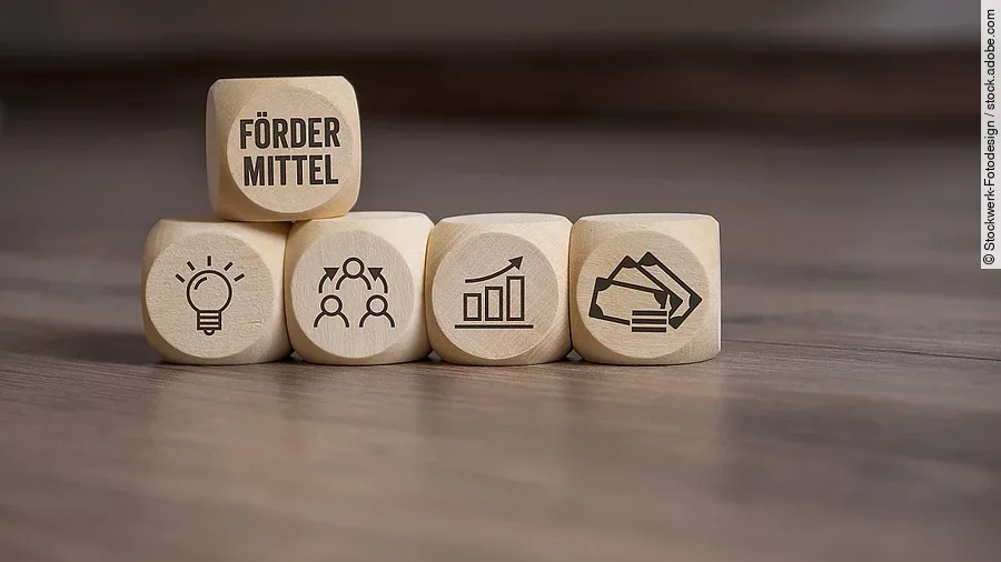 Fördermittel Holzwürfel mit "Fördermittel"-Aufdruck