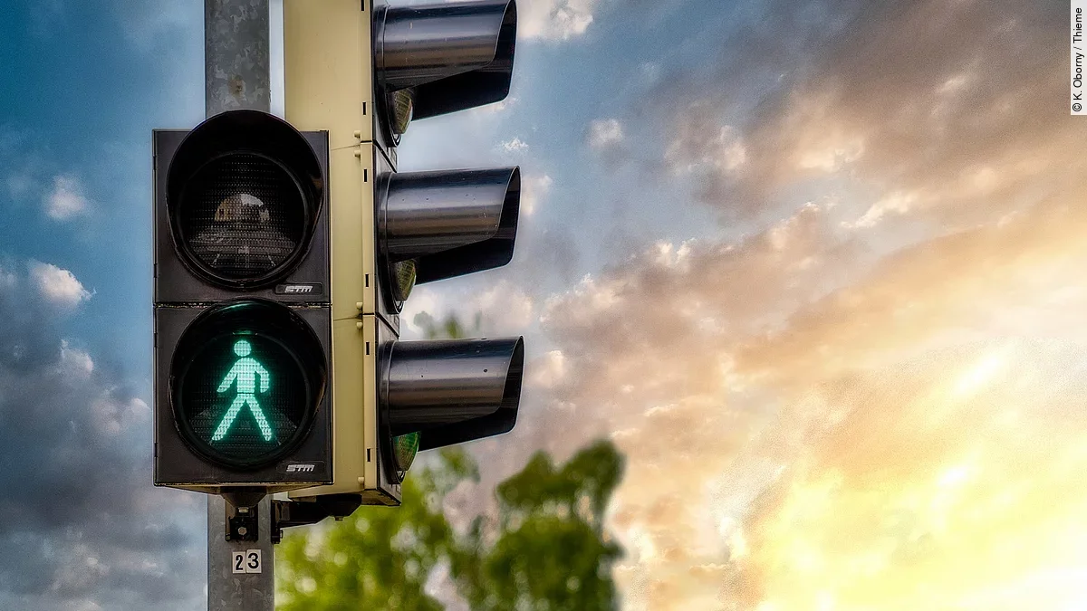 Fußgängerampel zeigt grünes Ampelmännchen. Im Hintergrund scheint die Sonne.