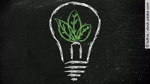 Grüne Energie Eine gezeichnete Glühbirne, deren Inhalt eine Pflanze ist.