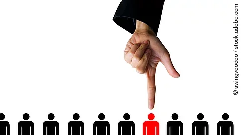 Zehn Menschen (Piktogramme) stehen nebeneinander. Eine Hand zeigt auf eine rote Figur.