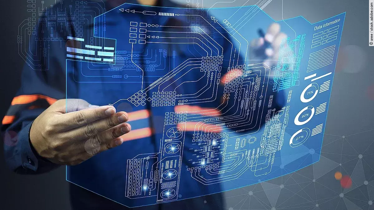 Blaupause Person hält eine holografische Projektion einer digitalen Benutzeroberfläche in den Händen.