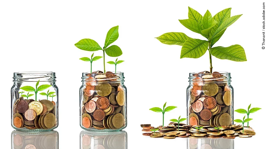 Investition Fünf Gläser stehen nebeneinander. Das linke ist leer, das rechte gänzlich mit Münzen gefüllt. Dazwischen steigt die Menge der Münzen. Aus den Münzen wächst eine Pflanze, die mit zunehmender Geldsumme immer größer wird.
