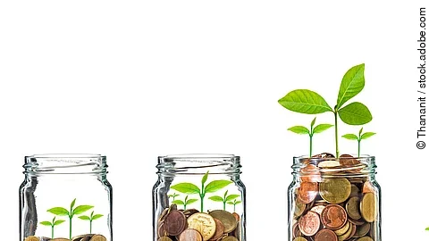 Investition Fünf Gläser stehen nebeneinander. Das linke ist leer, das rechte gänzlich mit Münzen gefüllt. Dazwischen steigt die Menge der Münzen. Aus den Münzen wächst eine Pflanze, die mit zunehmender Geldsumme immer größer wird.