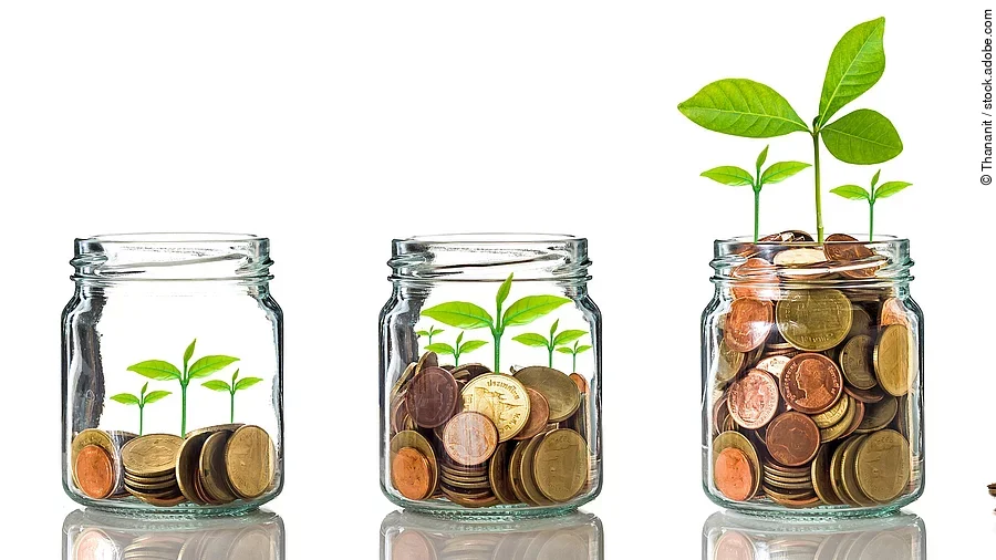 Fünf Gläser stehen nebeneinander. Das linke ist leer, das rechte gänzlich mit Münzen gefüllt. Dazwischen steigt die Menge der Münzen. Aus den Münzen wächst eine Pflanze, die mit zunehmender Geldsumme immer größer wird.